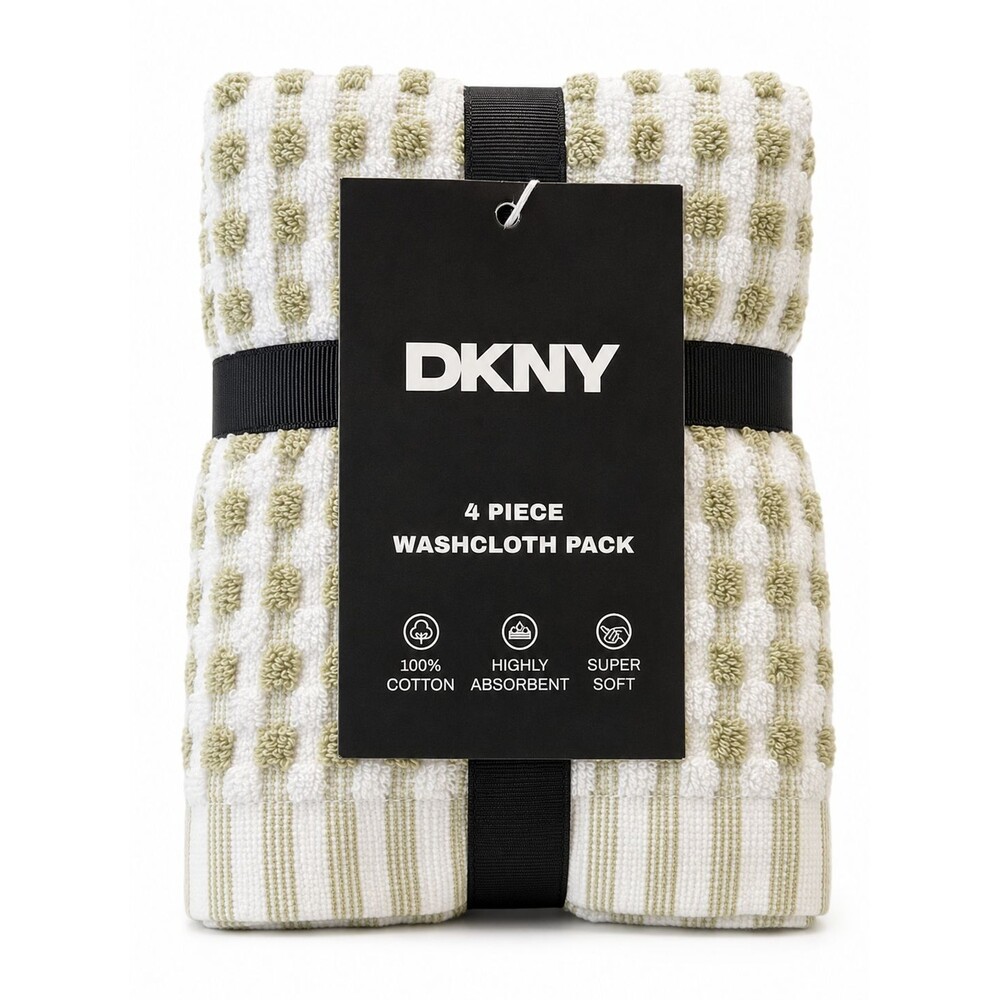 DKNY Washcloths Set of 4 Green White Gingham Check 100% Cotton Facecloths